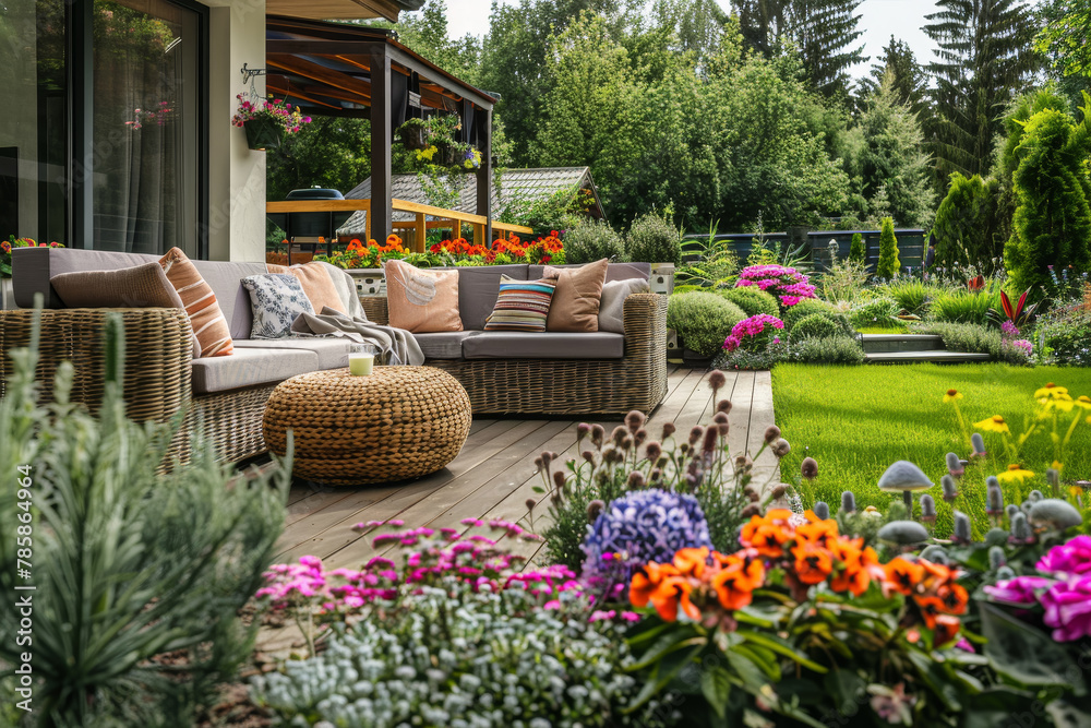 A modern patio on a sunny summer day, complete with comfortable seating and a dining area.