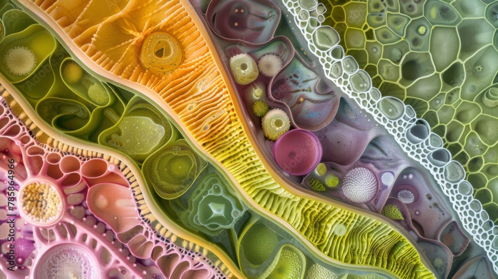 A crosssection of a plant cell wall revealing the different layers and structures that make up its complex composition.