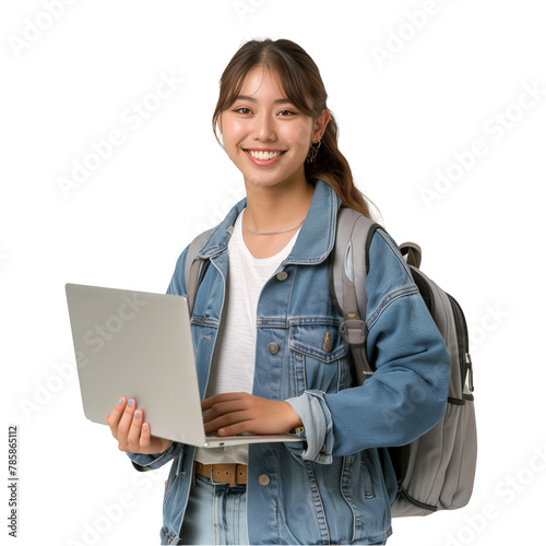 Female College Student Carrying Laptop and Smile to Camera