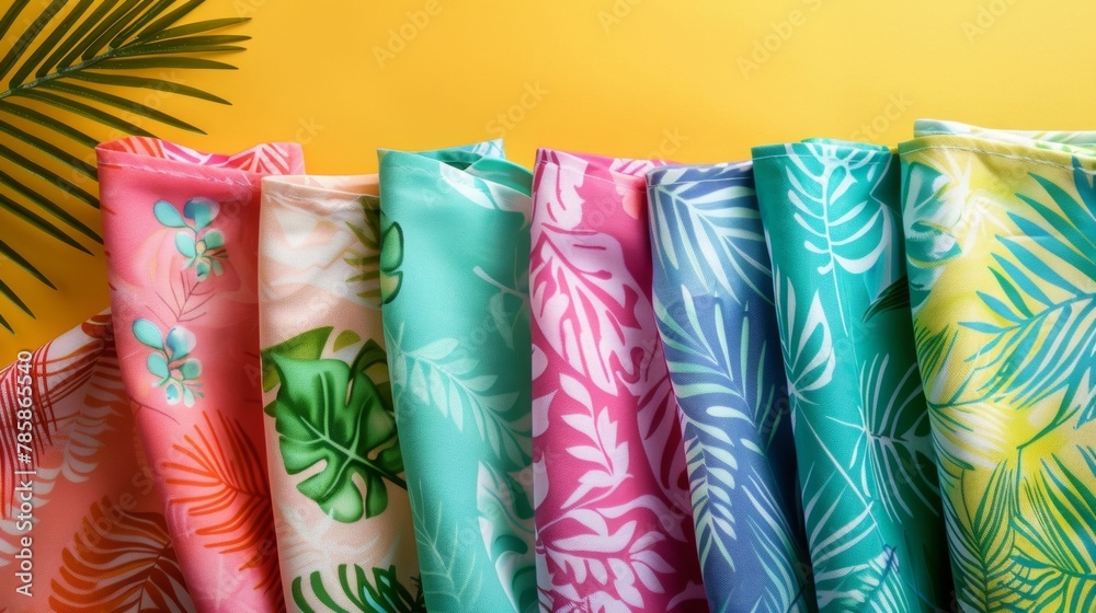 Blank mockup of tropicalinspired kitchen towels with palm leaf patterns in bright colors. .