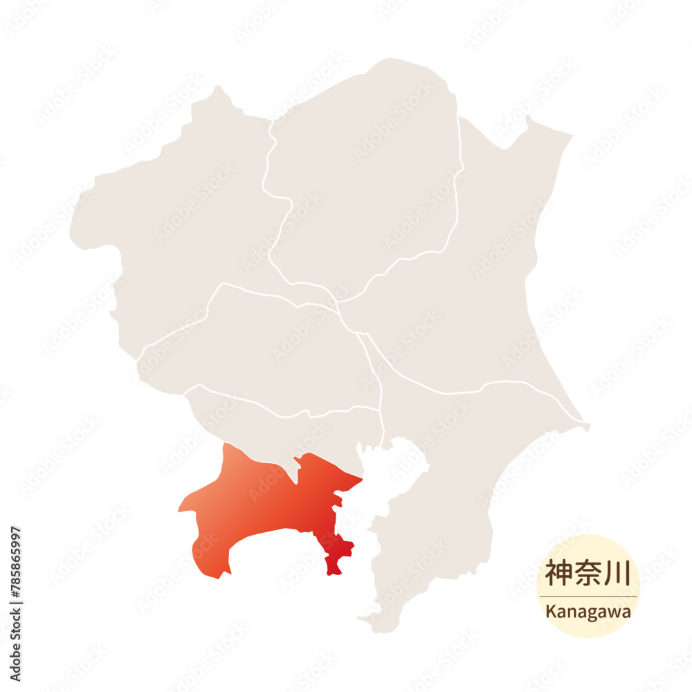 神奈川県の明るく美しい地図、関東地方の中の神奈川県