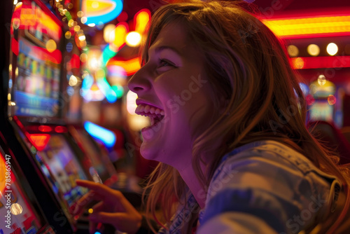 Wallpaper Mural A detailed view of a cheerful woman at a casino, her face full of hope and excitement as she plays at the slot machines. Torontodigital.ca