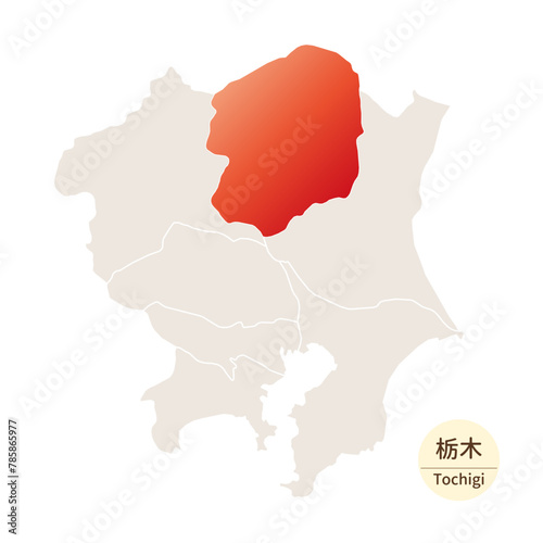 栃木県の明るく美しい地図、関東地方の中の栃木県