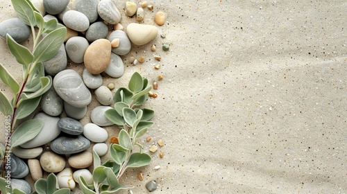 Olive branch and zen stones on sandy background. A serene and peaceful image capturing an olive branch beside smooth stones on a textured sandy surface, symbolizing tranquility and nature simplicity photo