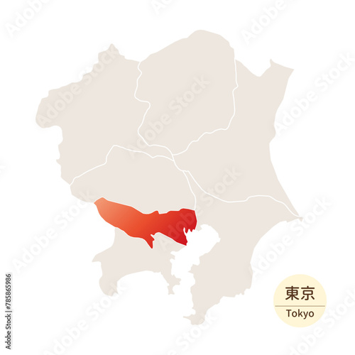 東京都の明るく美しい地図、関東地方の中の東京都