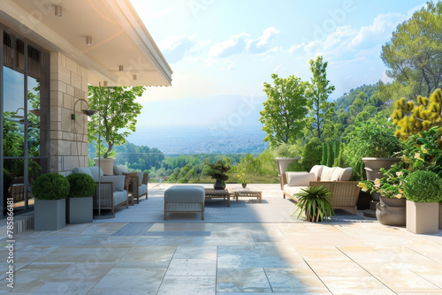 A beautiful outdoor patio with a view of the mountains