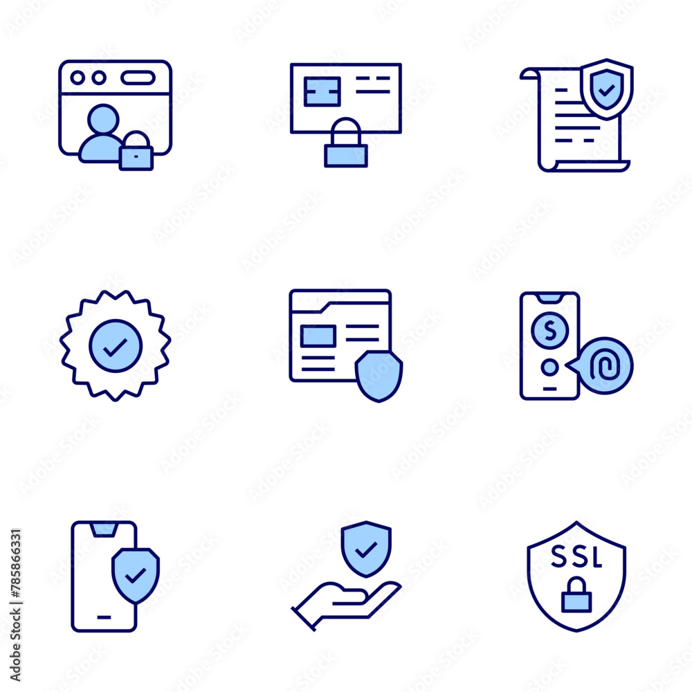 Security icon set. Duo tone icon collection. Editable stroke, security, data protection, credit card, insurance, guarantee, fingerprint, account, browser, ssl.