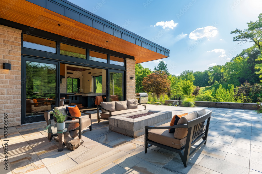 Fototapeta premium A large house with a patio area with a fire pit and a large couch