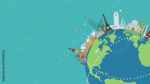 世界遺産と地球で飾られた旅行の広告背景テンプレート（青）　Travel ad background template decorated with world heritage sites and earth (blue)