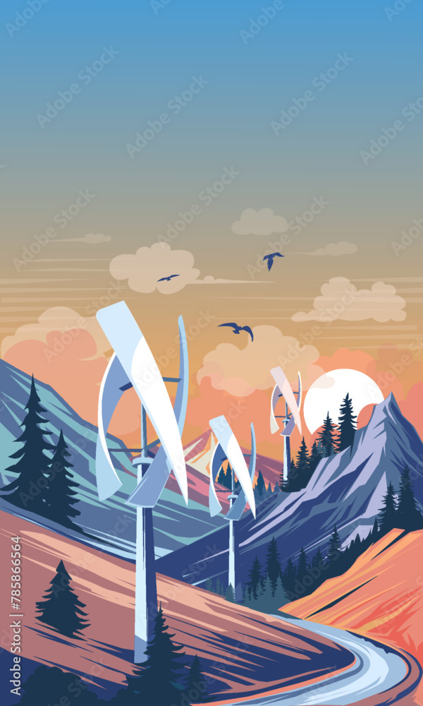 Futuristic wind turbines in the mountains, vector illustration