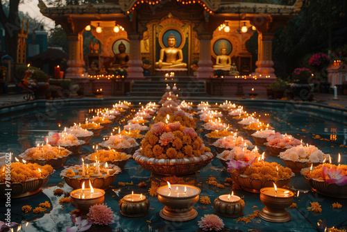 Illuminated shrine adorned with candles symbolizing devotion on Buddha Purnima photo