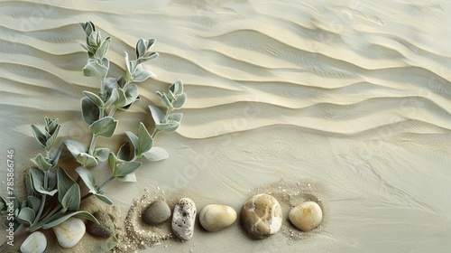 Olive branch and zen stones on sandy background. A serene and peaceful image capturing an olive branch beside smooth stones on a textured sandy surface, symbolizing tranquility and nature simplicity photo