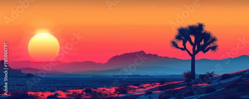 Minimalist desert scene featuring a single Joshua tree silhouetted against the setting sun.