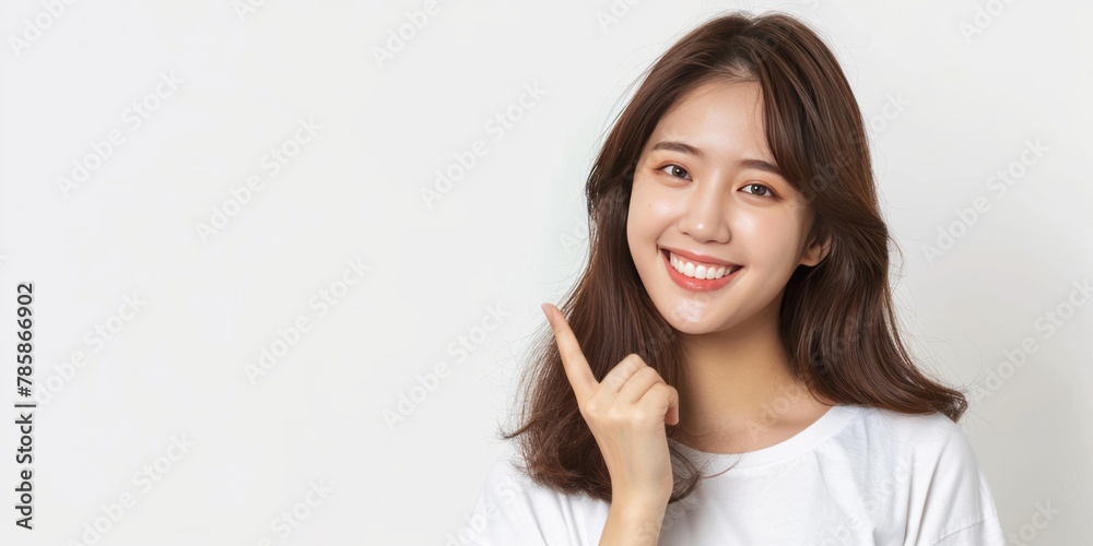 A young Asian woman wearing a white t-shirt stands isolated on a gray background, pointing her finger while smiling confidently and happily. A young Asian woman wearing a white t-shirt stands isolated on a gray background, pointing her finger while smiling confidently and happily.