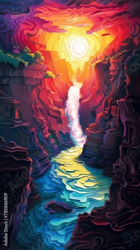 Angel Falls Waterfall Waterfalls Sunrise Sunset Landscape Paper Cut Phone Vertical Wallpaper Background Illustration	
