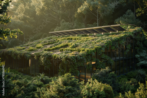 A building covered in vines and leaves, with a green roof