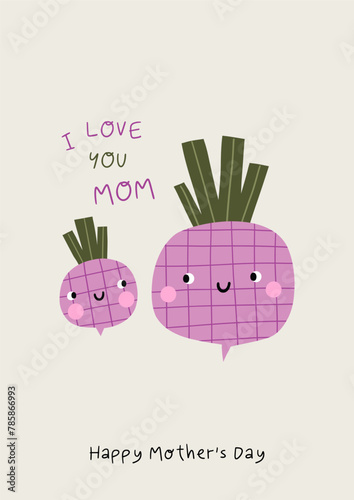Cute cartoon vegetables characters. Eco veggies, healthy vitamin food. Organic natural eating, nutrition. Vector illustration in flat style. Mom and baby beet   © webmuza