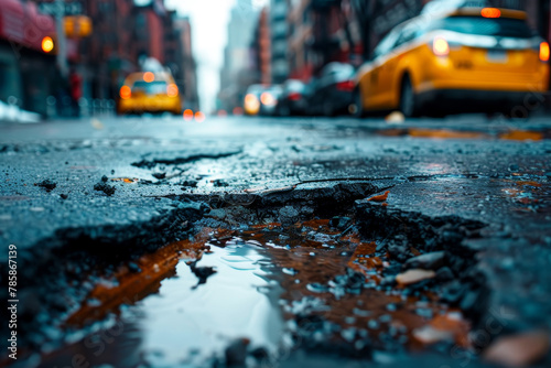 A street with a pothole and a taxi cab in the background