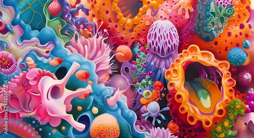 A vibrant, abstract painting of a digestive enzyme unlocking nutrients from food, surreal photo