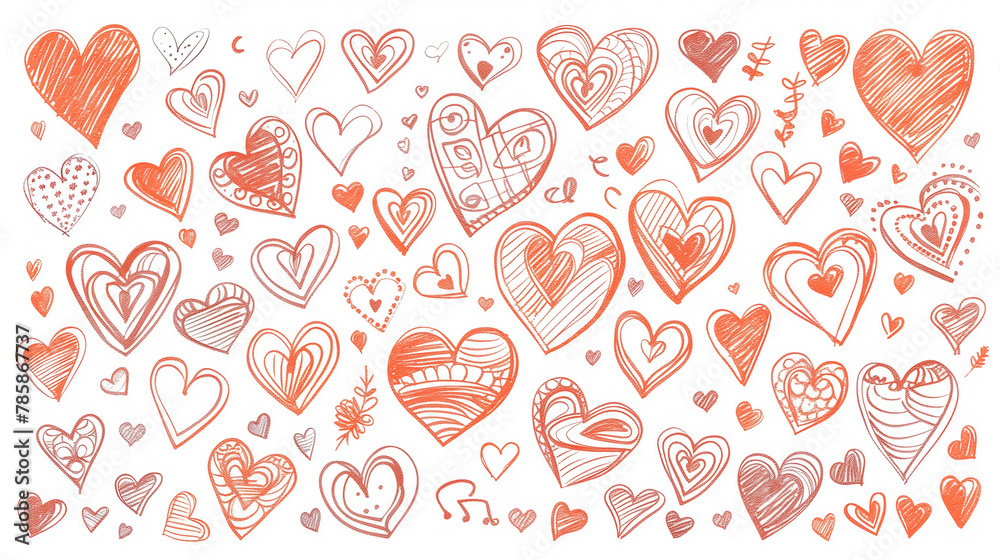 A set of hand-drawn hearts on a white background. Hand drawn hearts. Heart doodles set. Collection of hand drawn hearts
