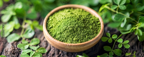  close up of green moringa powder with blurred background