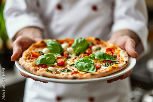 A chef is holding a plate of pizza with lots of toppings, including basil