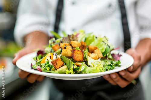 A chef is holding a plate of salad with a variety of vegetables and croutons