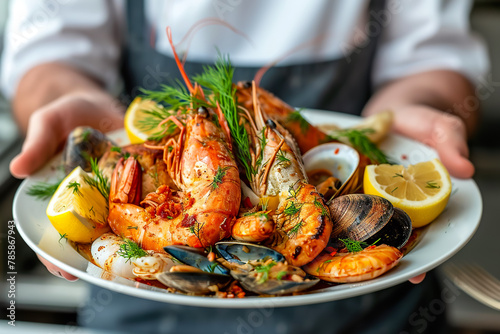 A plate of seafood is being held by a person
