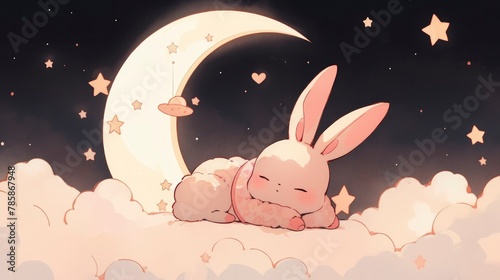lovable anime character rabbit with stars and it was laying on a moon painting and solid background photo