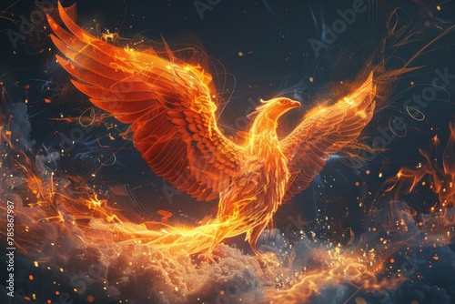 A phoenix in full resurgence, its wings ablaze with flames against a dynamic backdrop of swirling embers and smoky clouds.