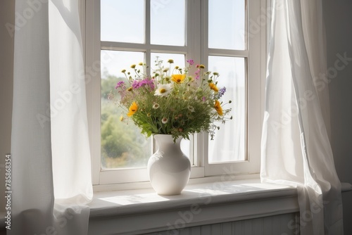 Bouquet of wild flowers in a  white vase on white windowsill with curtains. Morning sun shines through window.