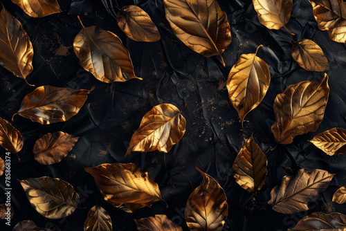 A luxurious background with a pattern of golden leaves against a black velvet backdrop  creating an abstract design that exudes opulence and grandeur