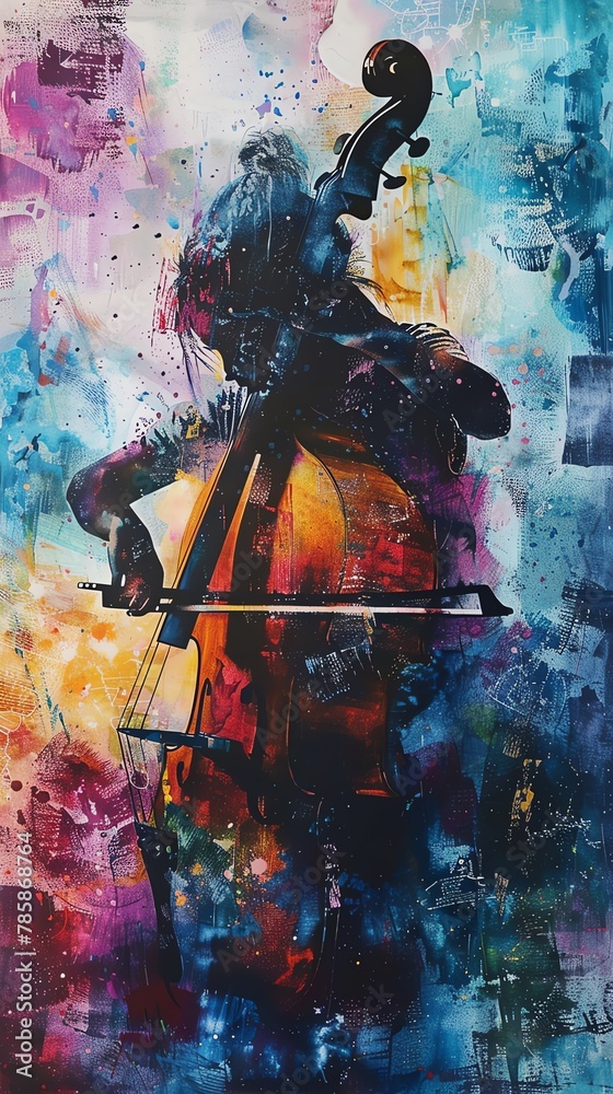 A painting of a woman playing the cello with bright, colorful brush strokes.