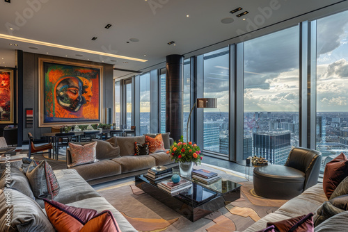 A luxury penthouse living room with floor-to-ceiling windows offering panoramic views of the city