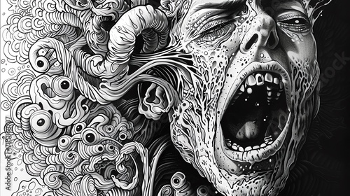 A horrifying depiction of a person screaming in agony, their face twisted in terror as they are surrounded by a mass of writhing tentacles and eyeballs.