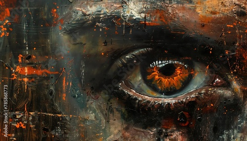 A painting of an eye with bright orange iris and dark sclera. The eye is surrounded by dark, splotchy paint. photo