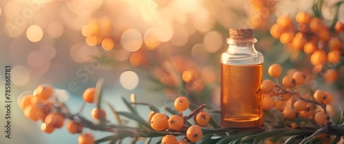 Sea buckthorn oil for skin regeneration, with a coastal cliff scene softly blurred photo