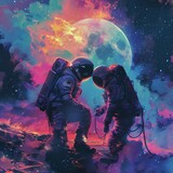 Astronauts in spacesuits exploring an alien planet with a beautiful nebula and moon in the background.