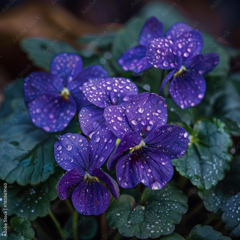 A cluster of violets with dew drops on their petals.