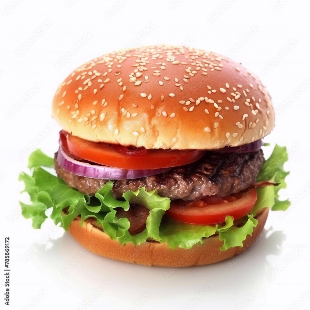 Juicy classic hamburger with beef patty, tomato, onion, lettuce on white background for advertise and presentation front view. 