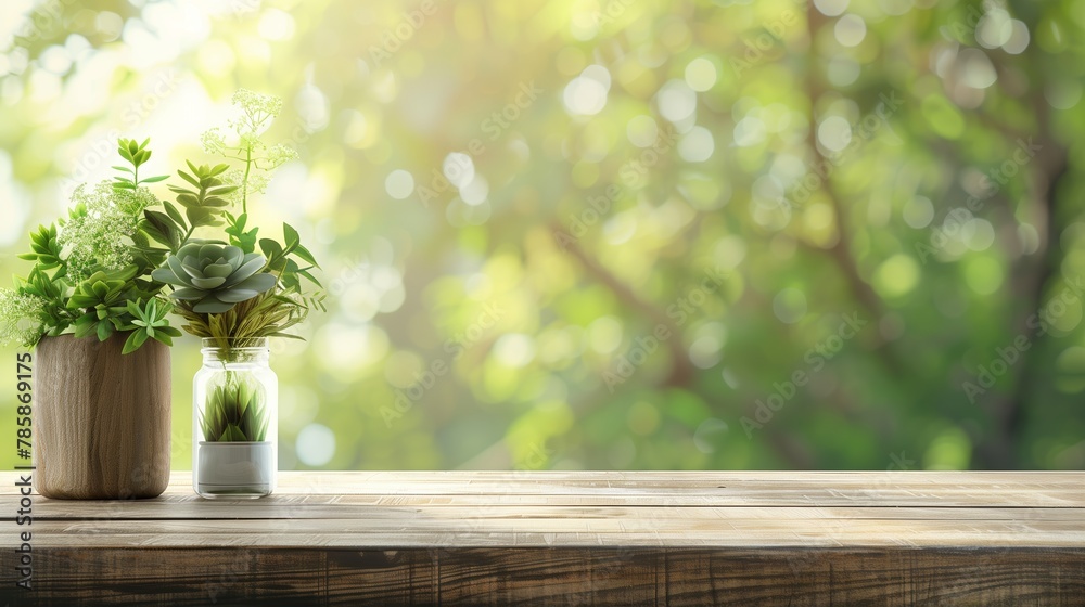 Sunlit Indoor Plants on a Wooden Table