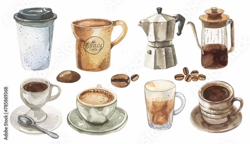 Watercolor set of coffee elements such as cappuccino, espresso  on a white background. photo
