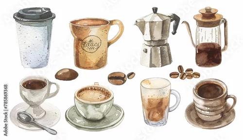 Obraz Watercolor set of coffee elements such as cappuccino, espresso  on a white background.