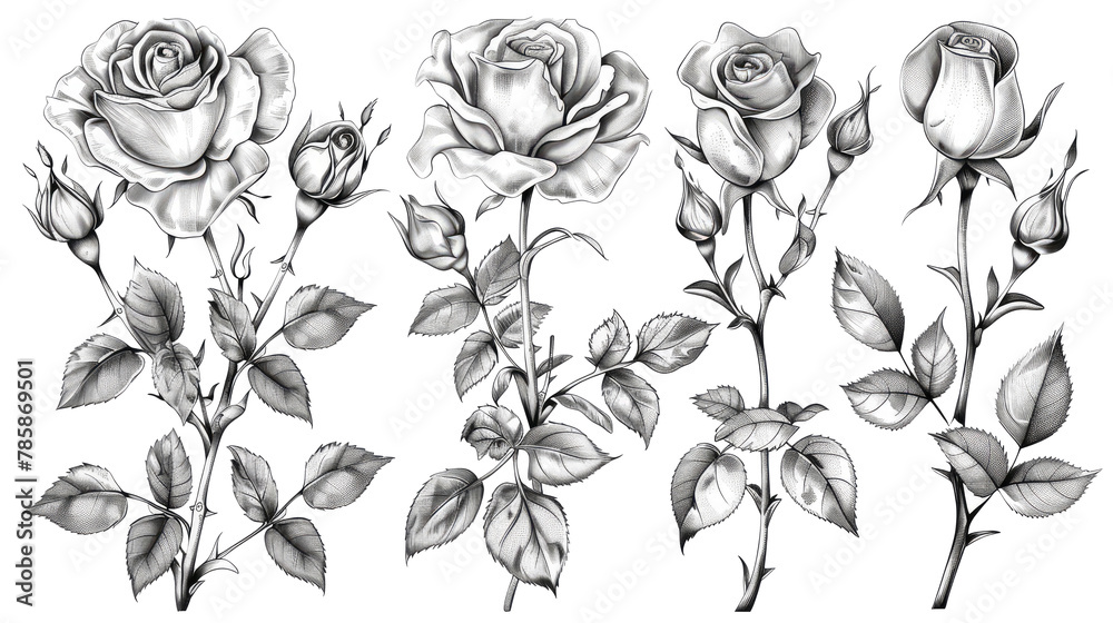 Rose vector set by hand drawing.Beautiful flower on white background isolated background Rose vector set by hand drawing.Beautiful flower on white background isolated background
