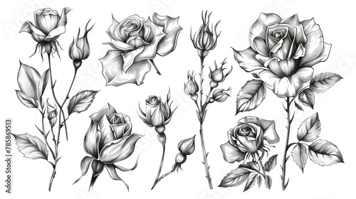 Rose vector set by hand drawing.Beautiful flower on white background isolated background