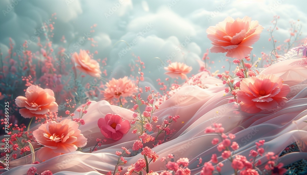 3D natural landscapes of trees, flowers and rivers Pastel pink tone Beautiful like imagination, generative ai