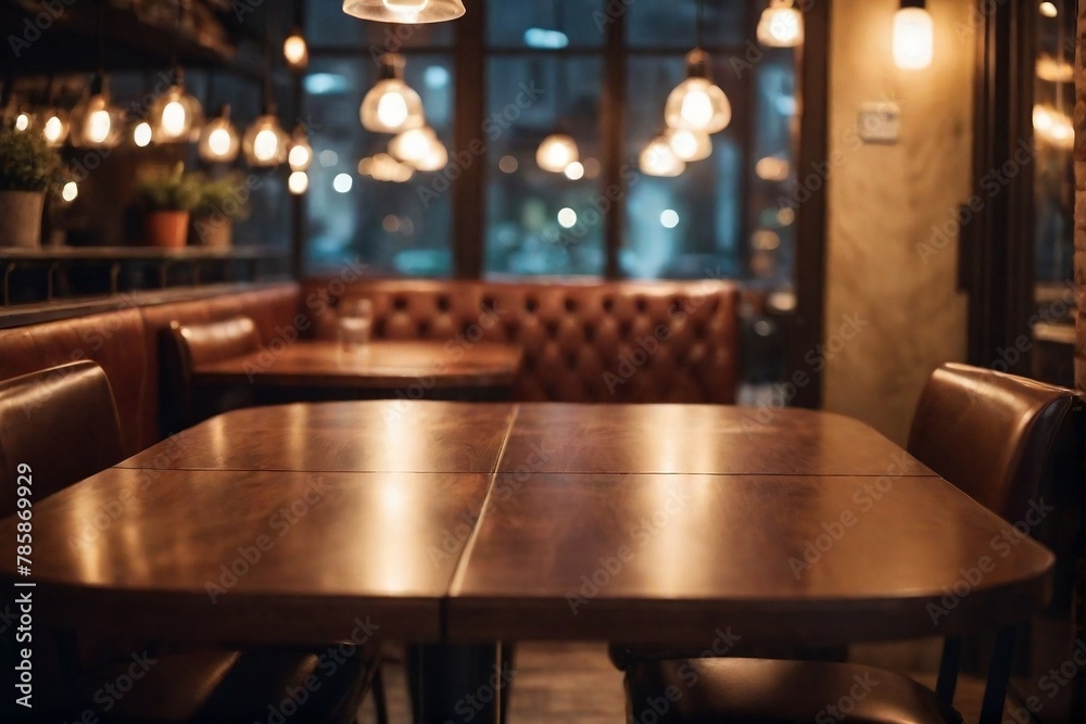 Close-up of a table in the empty cozy cafe in the evening with warm light. Blurred background with copy space. Close-up of a table in the empty cozy cafe in the evening with warm light. Blurred background with copy space.