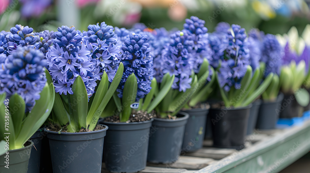Many blue violet flowering hyacinths in pots are displayed on shelf in floristic store or at street market. Early spring, landscape gardening - obrazy, fototapety, plakaty 