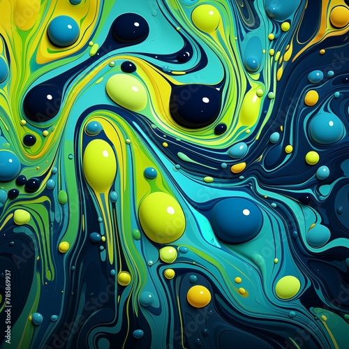 Vibrant Abstract Art with Wavy Swirls of Blue, Yellow, and Green