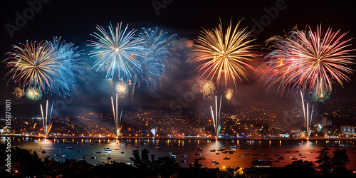 Festive fireworks in the night sky at a celebration event in honor of an anniversary or new year © PHTASH